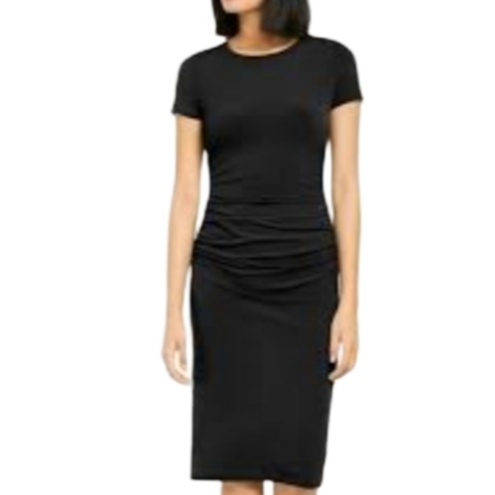 INC International Concepts Black Ruched Sheath Dress XL Short Sleeve Knee Length